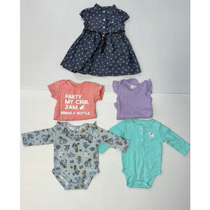 Lot of 5 Baby Girl Mixed Brands Bodysuits & Dress Bundle 3 Months Multi-color